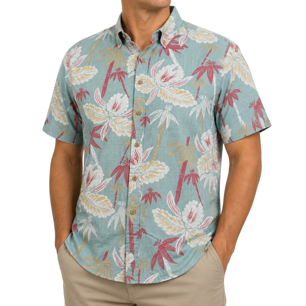 Moda Campia Moda Mens Slim Fit Tropical Palm Floral Button Down Shirt Large Blue